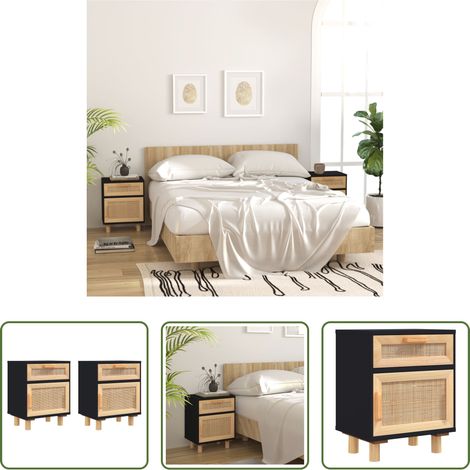 vidaXL Kiefer Nachttisch -  Nachttische 2 Stk. Schwarz Massivholz Kiefer und Natur-Rattan (1/5)