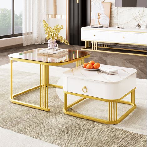 MEUBLIV Satztisch Couchtisch 60x60x44,5 cm Weiß und Gold – mit Schubladen, 2-teilig (1/5)