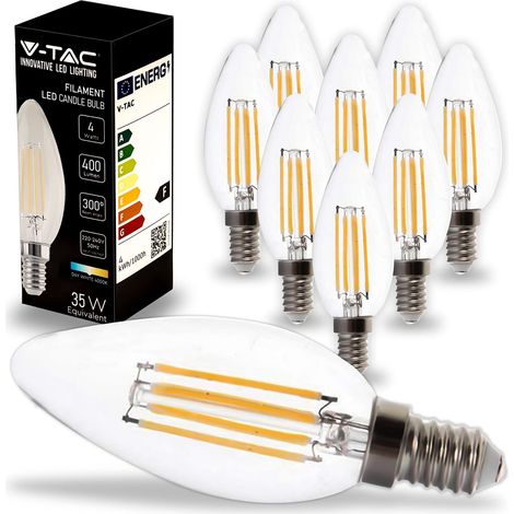 V-TAC 10x Lampadine LED Filamento Candela con Attacco E14-4W (Equivalenti a 35W) - 400 Lumen - Lampadina LED Massima Efficienza e Risparmio Energetico - 4000K Luce Bianca Naturale (1/5)