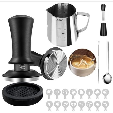 Set di accessori per macchine da caffè espresso, comprensivo di pressino da 51 mm, utensile WDT, tappetino per pressino, mescolatore per caffè, penna per latte e bricco per schiumare il latte.