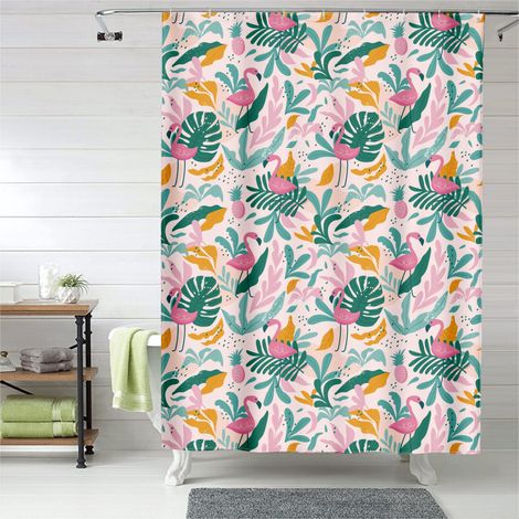 Rideau de douche flamant rose tropical, rideau salle de bain imperméable, 90x180 cm (1/5)