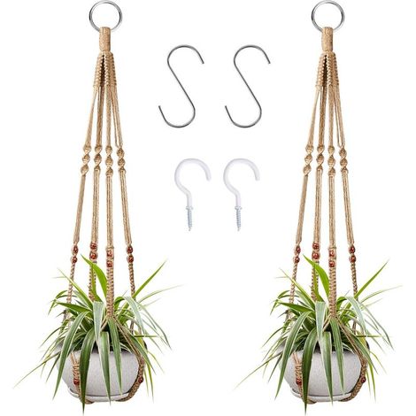 2 pièces Macramé Support Pots pour Fleur Pots de Fleurs à Suspendre Intérieur Macramé Corde de Coton Porte Décoration avec 4 Crochets (1/5)