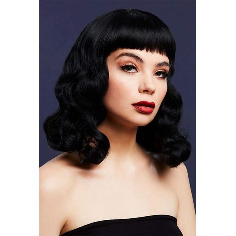 Fever Bettie Wig with Short Fringe - Black - Wavy Shoulder Length - Centre Parting - 32cm/13in - 72141