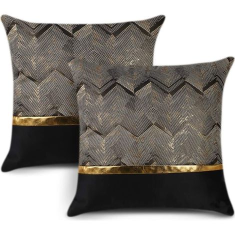 Set aus 2 Kissenbezügen für Bett, Sofa, Auto, luxuriöse, moderne und minimalistische Dekoration, aus goldfarbenem Leder mit Wellennähten und Streifen. (1/5)