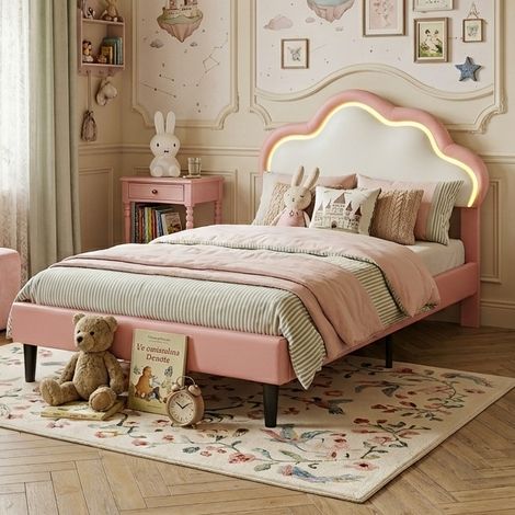 Creahappy Lit Enfant Rembourré 90x200cm - Tête de Lit Nuage LED RGB - Cadre de Lit Simple Capitonnée Simili Cuir - Rose et Blanc (1/5)