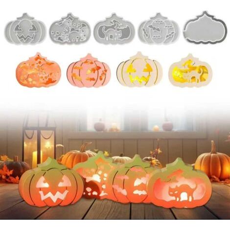 3D Moule Citrouille Halloween, 5 pièces moule en silicone citrouille, Moule Bougie Citrouille, Ensemble de moules en résine de Citrouille, pour Halloween, Thanksgiving Diy Craft Decoration (1/5)