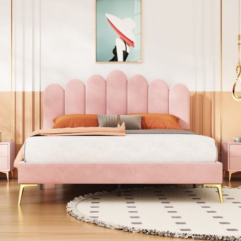Polsterbett Doppelbett, Bettgestell mit Kopfteil und Lattenrost, Erwachsenen-Jugendbett-Gästebett in hautfreundlichem Samtstoff Beige (1/5)