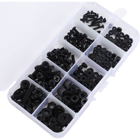 270 pièces/boîte Assortiment de Vis Écrous Rondelles Nylon M2 M2.5 M3 M4 M5 Noir pour Fixations Quincaillerie (1/5)