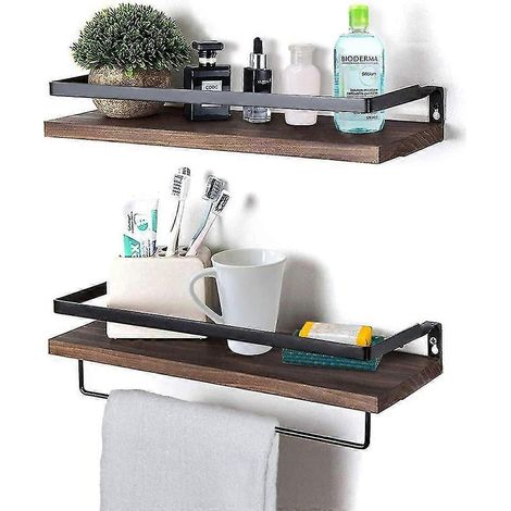 Étagère murale, étagères flottantes murales en bois, 2 pièces, avec porte-serviettes pour salon / chambre / couloir / salle de bain. (1/5)