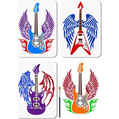 3 Pièces pochoir en Forme D'Ailes de Guitare Pochoir de Peinture pour Guitare Électrique Rock 29.7 x 21cm Modèle avec Pinceau pour Travaux Manuels Sur Fenêtre Bois Mur Décoration D'Intérieur (1/5)