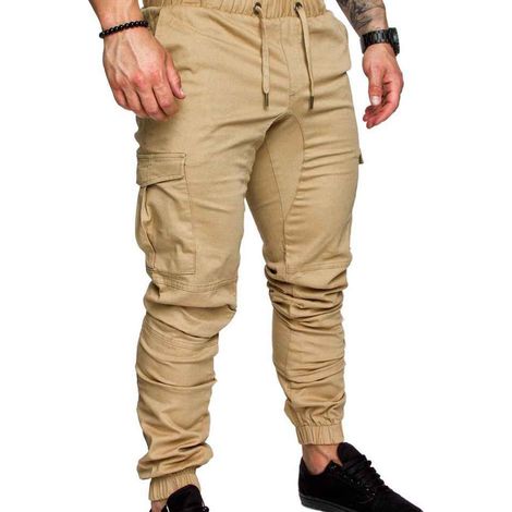 [RM]Pantalon homme à poches, coupe décontractée, cordon de serrage élastique, pantalon long tendance ZX kaki kaki-L-Kaki (1/5)