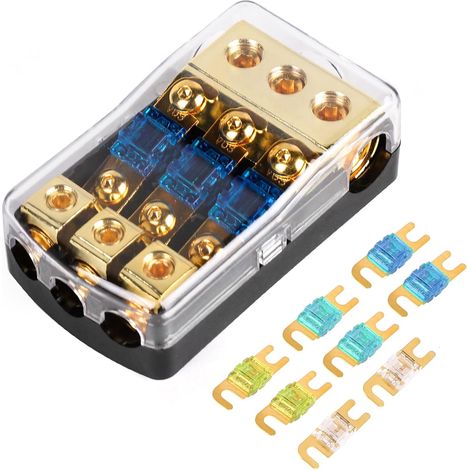 Mini Porte-Fusible 3 Voies, Porte-Fusible 12V avec entrée 0/2/4 Gauge et Sortie 4/8 Gauge, Pour Fusibles 30A-100A, Adapté à l’autoradio et à la Batterie Automobile. (1/5)