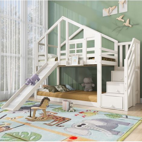 Etagenbett Kiefer-Massivholz und MDF Weiß 90x200 cm mit Rutsche, Stauraumtreppe und Dachrahmen (1/5)