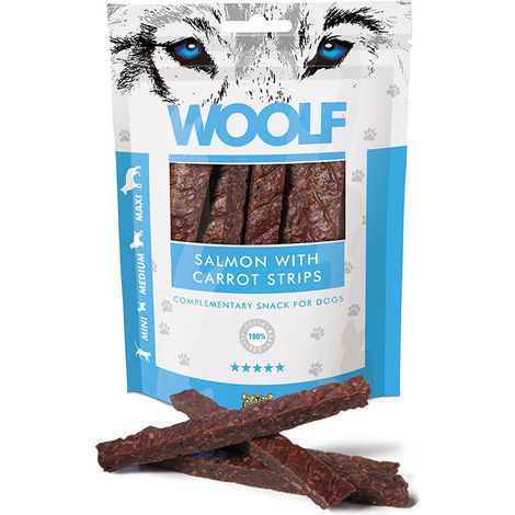 Woolf Golosinas para Perros Tiras Salmón Zanahoria Mini Medianas Maxi 100g