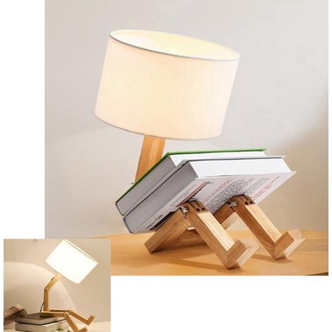 Lampe de table/lampe de lecture mignonne - base en bois - abat-jour en lin - forme de robot convertible - design créatif et pratique (1/5)