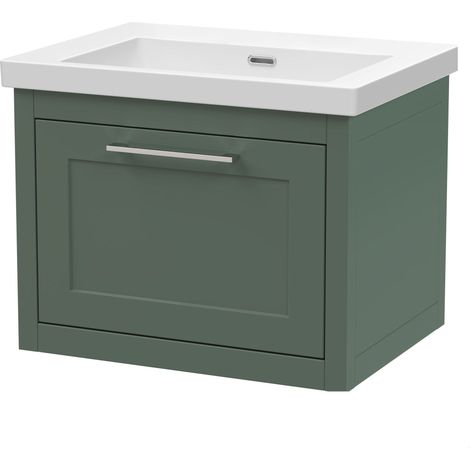 Blithbury Traditional Bathroom Wall Hung 1 Drawer Vanity Unit and 0 Tap Hole Modern Fireclay Basin, 600mm, Matt Green