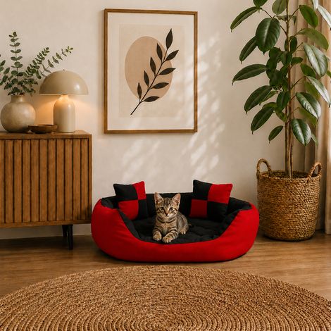 belviona Katzenkörbchen 4-in-1, wendbares Katzenbett mit niedrigem Einstieg, kratzfest & wasserabweisend, 65x50 cm, rot/schwarz (1/5)