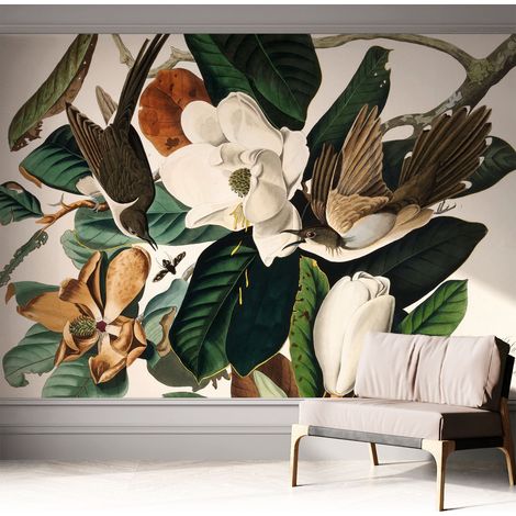 Papier peint adhésif décoratif avec colle pour salon chambre et bureau Installation rapide Oiseaux et magnolias 312x219 cm (1/5)