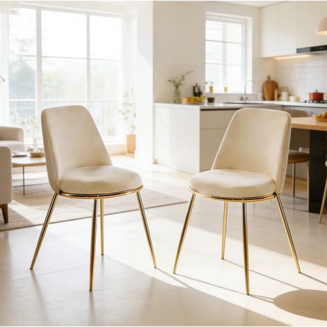 Ensemble de 2 chaises de salle à manger avec pieds métalliques, velours crème (1/5)