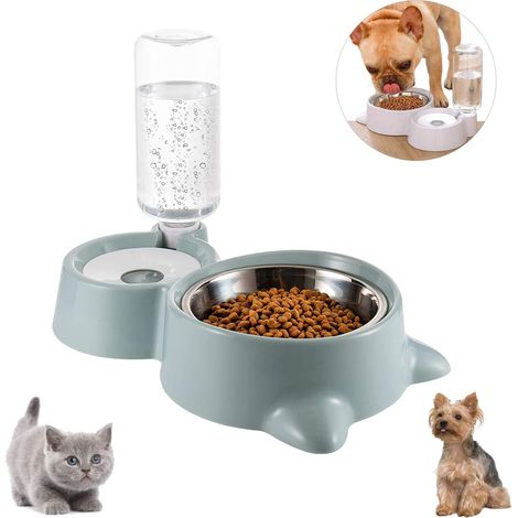 Double Bol - Distributeur Eau Automatique - Pour Chat Et Chiot - Hauteur Ergonomique - Acier Inoxydable Et Plastique - 500 Ml - 1 Pièce (1/5)