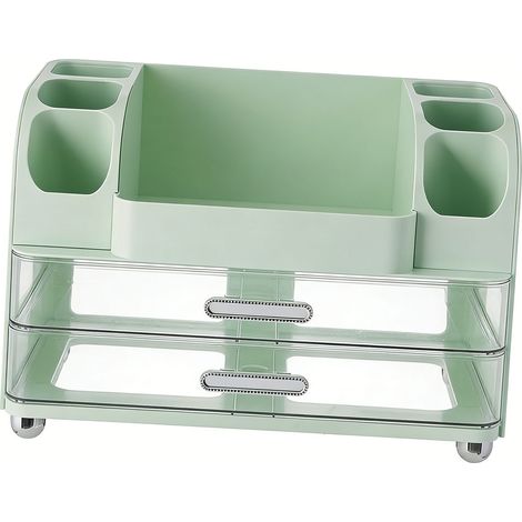 Organisateur de maquillage pour coiffeuse avec 2 tiroirs, présentoir cosmétique avec porte-pinceaux, pour salle de bain, comptoir, bureau, fournitures de bureau, vert (1/5)