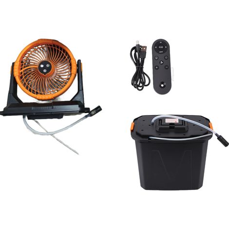 Ventilateur brumisateur, seau d'eau de 10 L, batterie externe de 20 000 mAh, éclairage d'ambiance RGB, télécommande infrarouge, portable, idéal pour le camping et les activités de plein air (orange). (1/2)