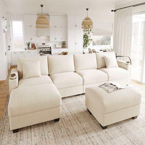 Canapé modulable en U 6 places 275,5x139x87 cm en velours côtelé beige avec ports USB, support téléphone, porte-gobelets et coffres (1/5)