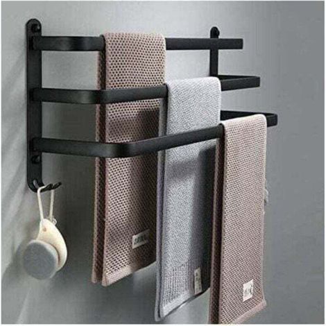 Porte Serviettes Salle de Bains, XU, Barres Porte Serviettes Mural Noir Adhesif pour Douche et Cuisine, Résistant à l'eau Barres Porte avec Crochet (Noir, 60cm) - KZQ (1/4)