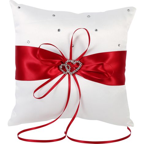Coussin Porte-Alliance Mariage avec Nœud, Cœurs Doubles et Diamants Rouges (1/5)