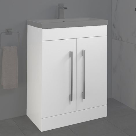 600mm Free Standing Vanity Unit White Gloss Soft Close Doors Flat Pack Bathroom (1/5)