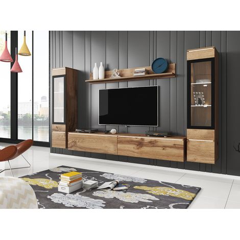 Bratex – Ensemble de meubles de salon VERA II – 2 vitrines avec verre trempé – Meuble TV 180 cm – Étagère 140 cm – Panneau laminé wotan
