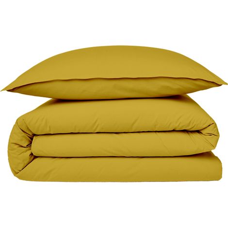 Housse de couette en coton 57 fils unie jaune moutarde 200x200cm