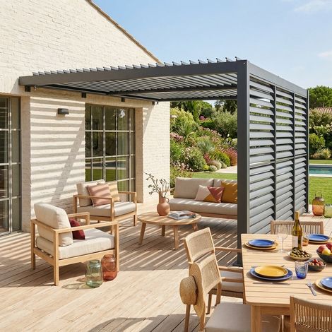 Pergola bioclimatique aluminium adossée 4x3m anthracite + 3 persiennes 130cm Palace (1/5)