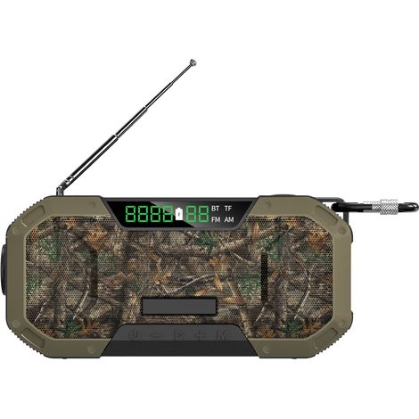 Radio d'urgence multifonctionnelle (camouflage vert) avec alarme SOS, haut-parleur Bluetooth 5.0 et enceinte intégrée. (1/4)