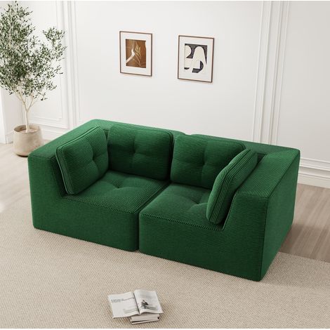 Canapé d’angle modular de pana verde, 2 plazas, sin estructura rígida, asiento profundo de 74 cm (1/5)