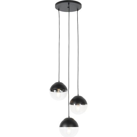 Retro-Hängelampe schwarz mit klarem Glas, rund, 3-flammig – Eclipse