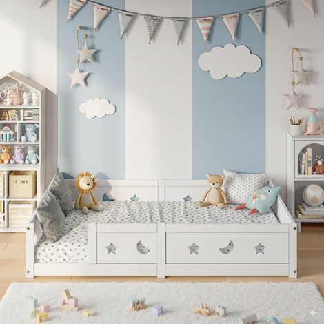 Hausbetten 120x200 cm, Einzelbett mit Sicherheitsgitter, mit Lattenrost, Massivholz, modernes Design, Weiß (1/5)