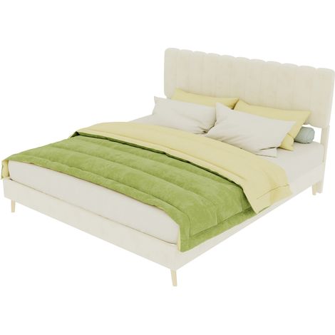 Polsterbett 160x200 beige Samt mit hohem Kopfteil - Modernes Doppelbett Bettgestell Holzrahmen ohne Matratze, Minimalistisches Plattformbett (1/5)