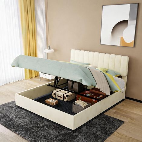 Tête de lit beige en tissu métal 200 x 160 x 156 cm (1/5)