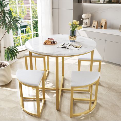 MEUBLIV Ensemble table ronde 80 cm blanc et doré – 4 places, chaises escamotables (1/5)