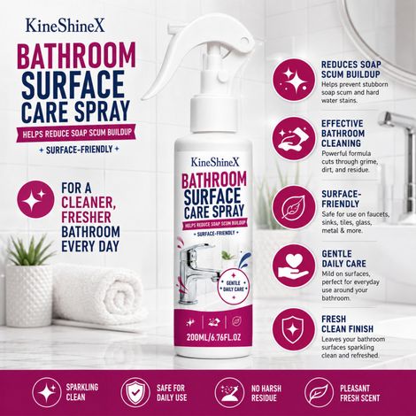 Le nettoyant pour carrelage de salle de bain KineShineX élimine efficacement les résidus de savon, les traces d'eau et les taches jaunes. Convient pour le lavage des murs et des sols. (1/4)