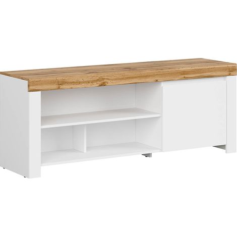 Meuble TV Meuble bas avec 1 porte et 5 niches ,coloris Blanc/Chêne wotan - Longueur 156 x Profondeur 42 x Hauteur 60,5 cm (1/3)