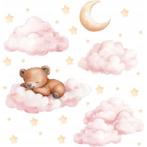 Adesivi murali con orsacchiotto, nuvole, stelle e luna per cameretta bambini, 100x60 cm (1/5)