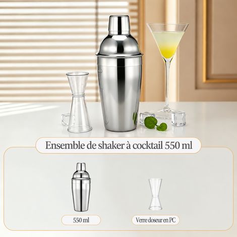 Shaker à cocktail 3 pièces en acier inoxydable, shaker 550 ml avec verre doseur en PC pour mixologie bar 1 kg – Livraison gratuite