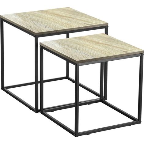 Table d'appoint - JUANIO - Lot de 2 tables d'appoint carrées - Chêne - Pieds métal - L40 x P40 x H42 cm (1/3)