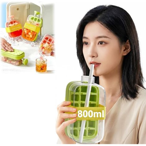 bouteille à glaçons de 800 ml, bouteille d'eau étanche prête pour le congélateur avec bac à glace intégré et paille pour boissons froides d'été (vert) (1/5)