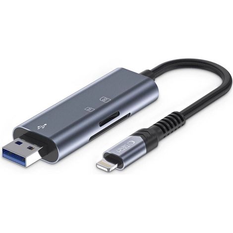Lettore di schede di memoria SD/Micro SD con connettore Lightning/USB-A per iPhone - Grigio