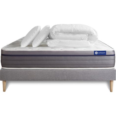 Ensemble matelas sommier Actilatex zen 140 x 200 cm 2 oreillers et couette Latex et mémoire de forme - Couleur : Gris (1/5)