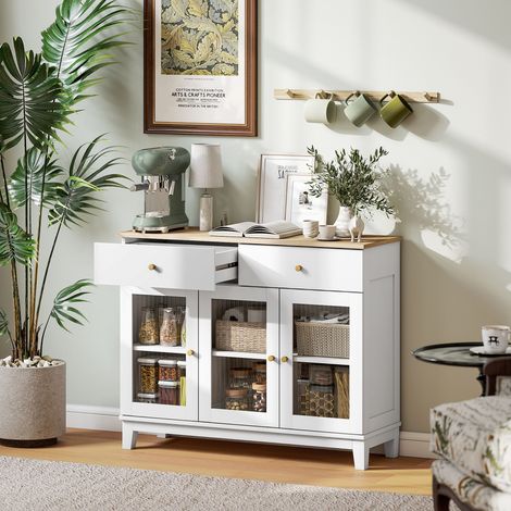 Buffet de cuisine avec 2 tiroirs et 2 placards à portes vitrées, en bois, 100 x 35 x 80,3 cm, blanc et chêne (1/5)