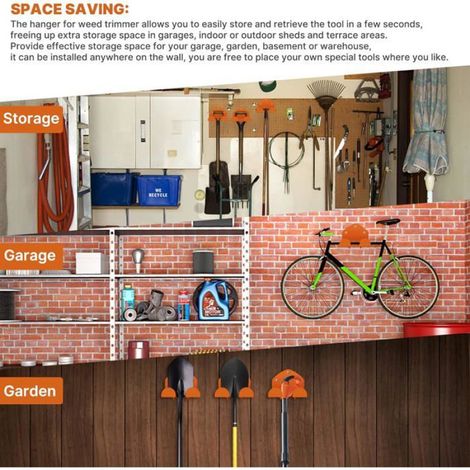 Lot de 3 supports garage pour débroussailleuse, outils électriques jardin, coupe-herbe, taille-haie, rangement mural (1/4)